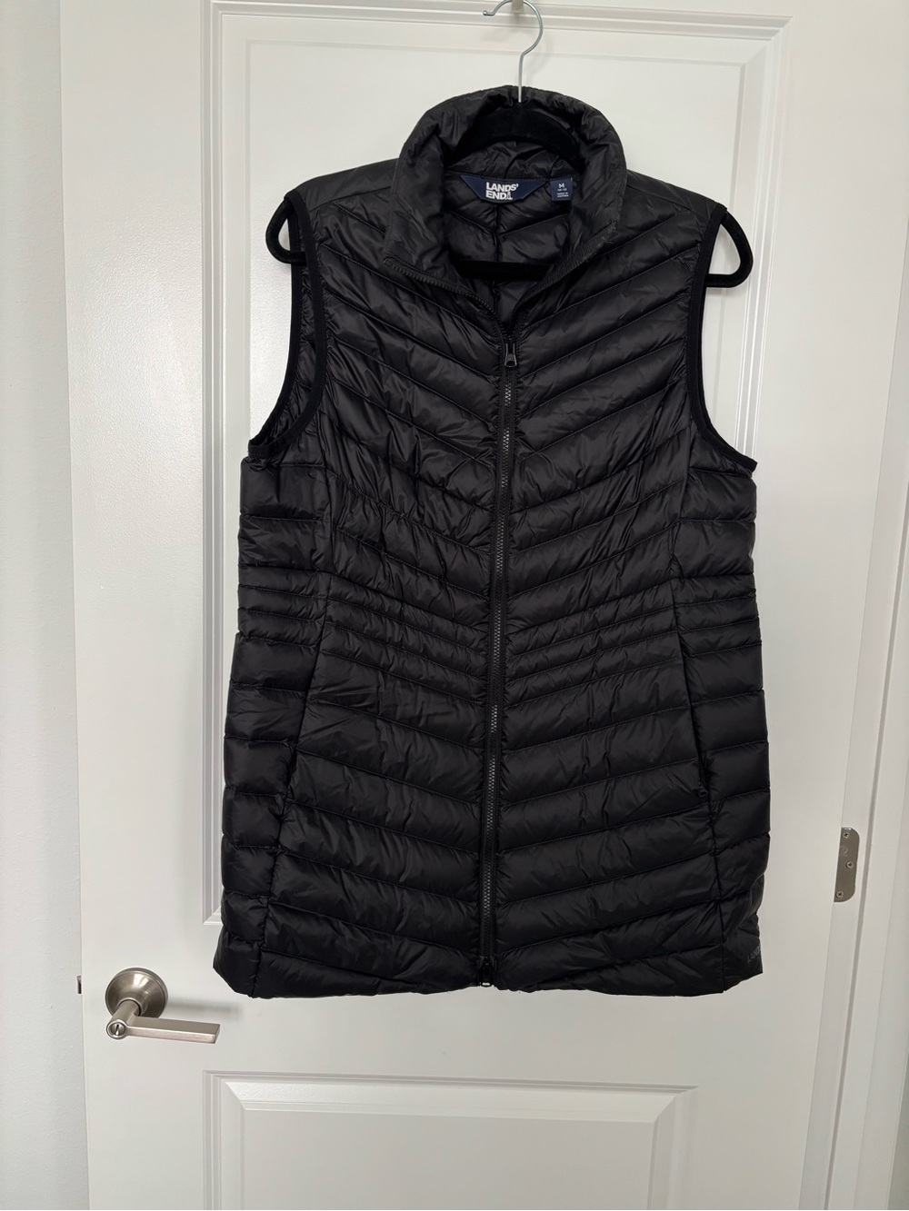 Lands’ End Women’s M Long Down Puffer Vest Black 2-Way Zip